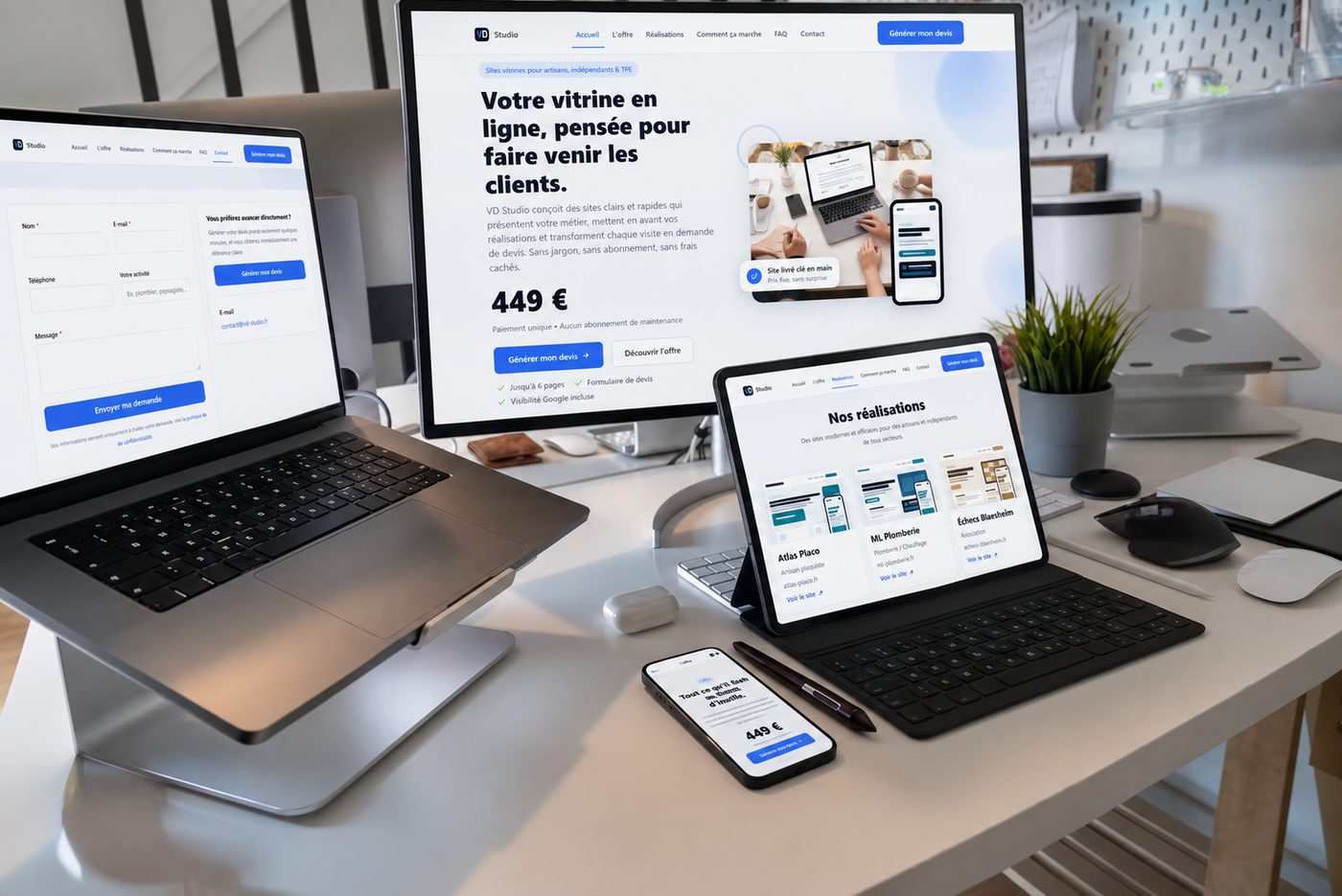 Le site VD Studio affiché sur ordinateur, tablette et smartphone